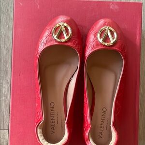 Valentino Red Flats with Gold Emblem